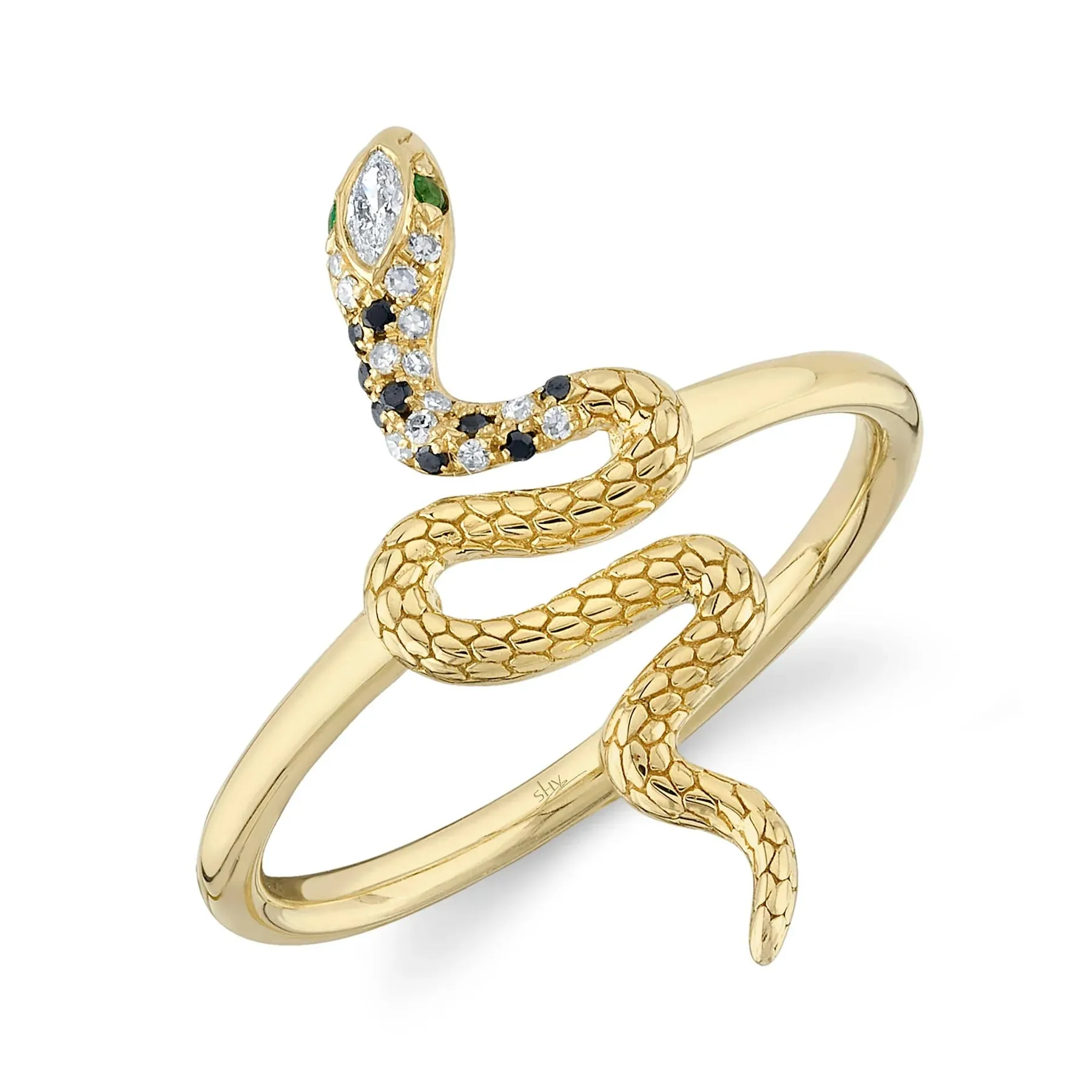 14K GOLD DIAMOND BLACK DIAMOND AND EMERALD SAMMY SNAKE RING