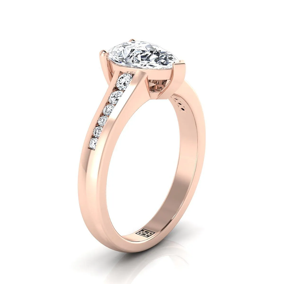 14K Rose Gold Pear Shape Center Contemporary Tapered Diamond Channel Engagement Ring -1/6ctw