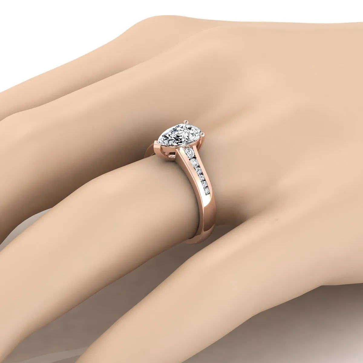 14K Rose Gold Pear Shape Center Contemporary Tapered Diamond Channel Engagement Ring -1/6ctw