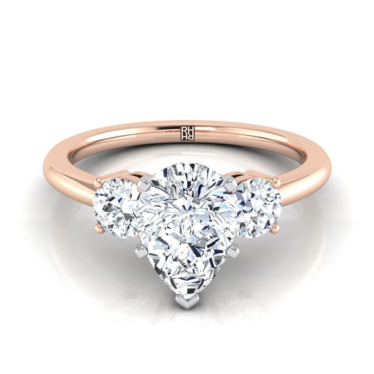 14K Rose Gold Pear Shape Center Diamond Perfectly Matched Round Three Stone Diamond Engagement Ring -1/4ctw