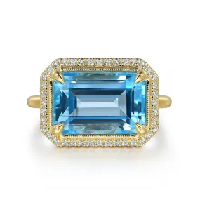 14K Yellow Gold Diamond and Blue Topaz Emerald Cut Ladies Ring With Flower Pattern Gallery