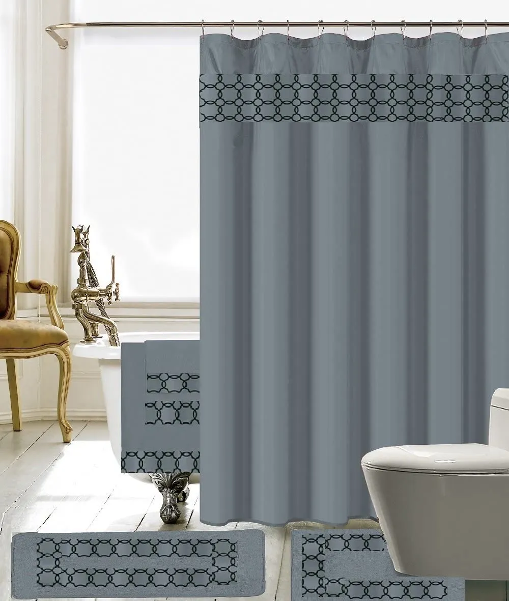 18 Piece Embroidery Banded Shower Curtain Bath Set