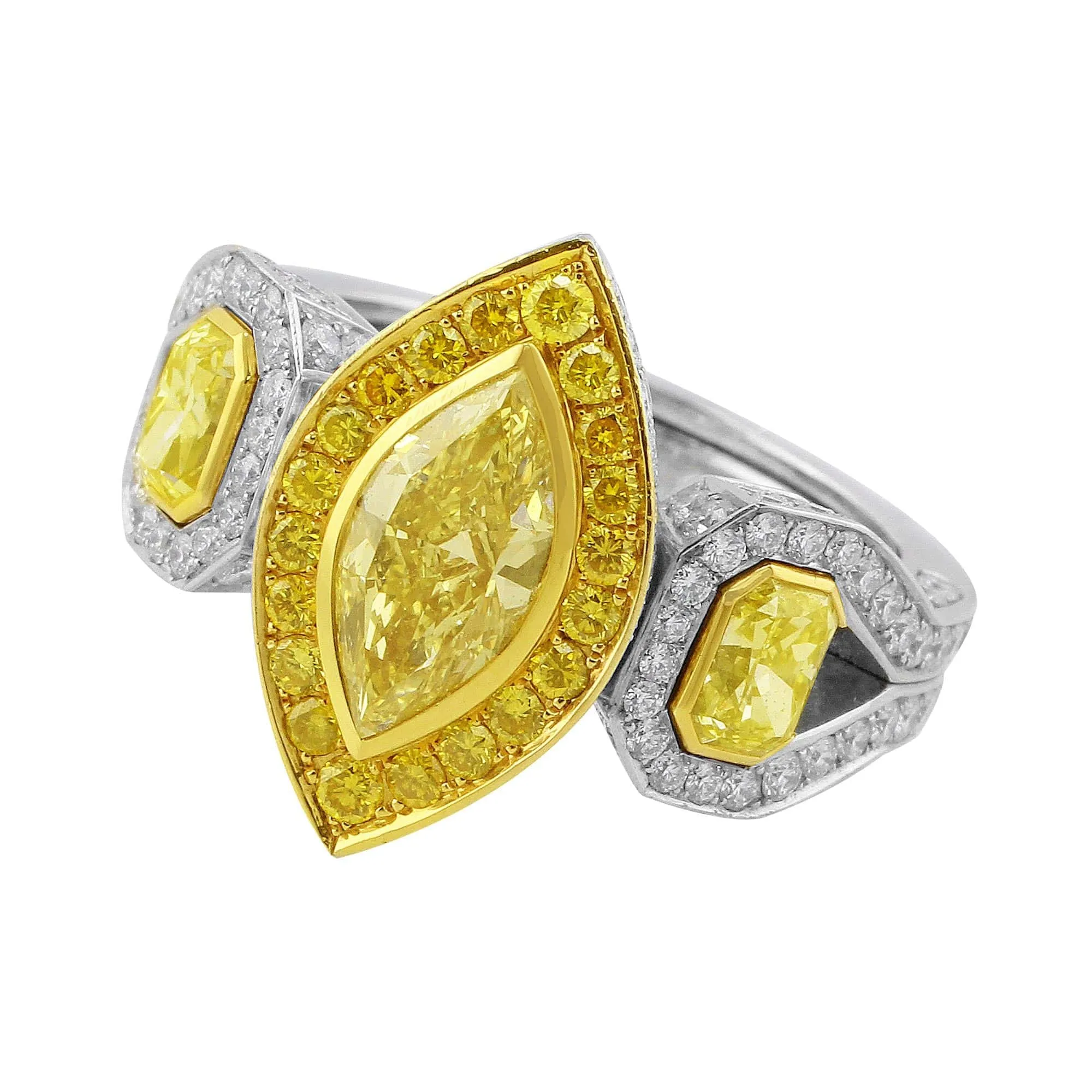 18k Yellow Gold Platinum Fancy Yellow Marquise and Pave Diamond Ring, GIA Certified