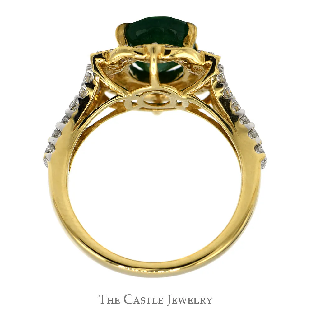 2.25ct Oval Emerald Vintage Ring with Diamond Halo and Accented Split Shank Sides in 14k Yellow Gold