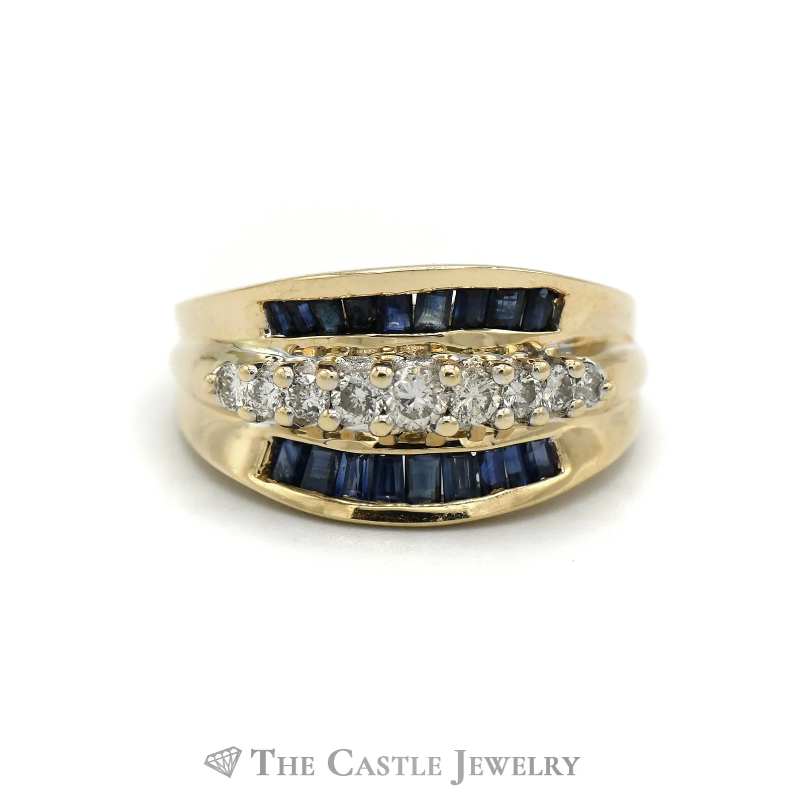 .50CTTW Round Diamond and Baguette Sapphire Concaved Designed Ring in 14KT Yellow Gold