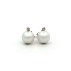 9K White Gold Australian South Sea 10-11mm Cultured Pearl and Argyle Diamond Stud Earrings