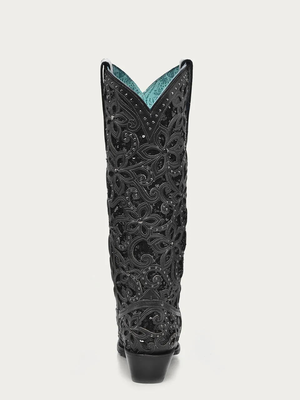 A3589 - WOMEN'S BLACK GLITTER INLAY FLORAL OVERLAY WITH CRYSTALS AND STUDS SNIP TOE TALL TOP BLACK COWBOY BOOT