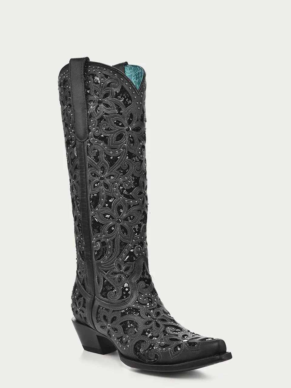 A3589 - WOMEN'S BLACK GLITTER INLAY FLORAL OVERLAY WITH CRYSTALS AND STUDS SNIP TOE TALL TOP BLACK COWBOY BOOT