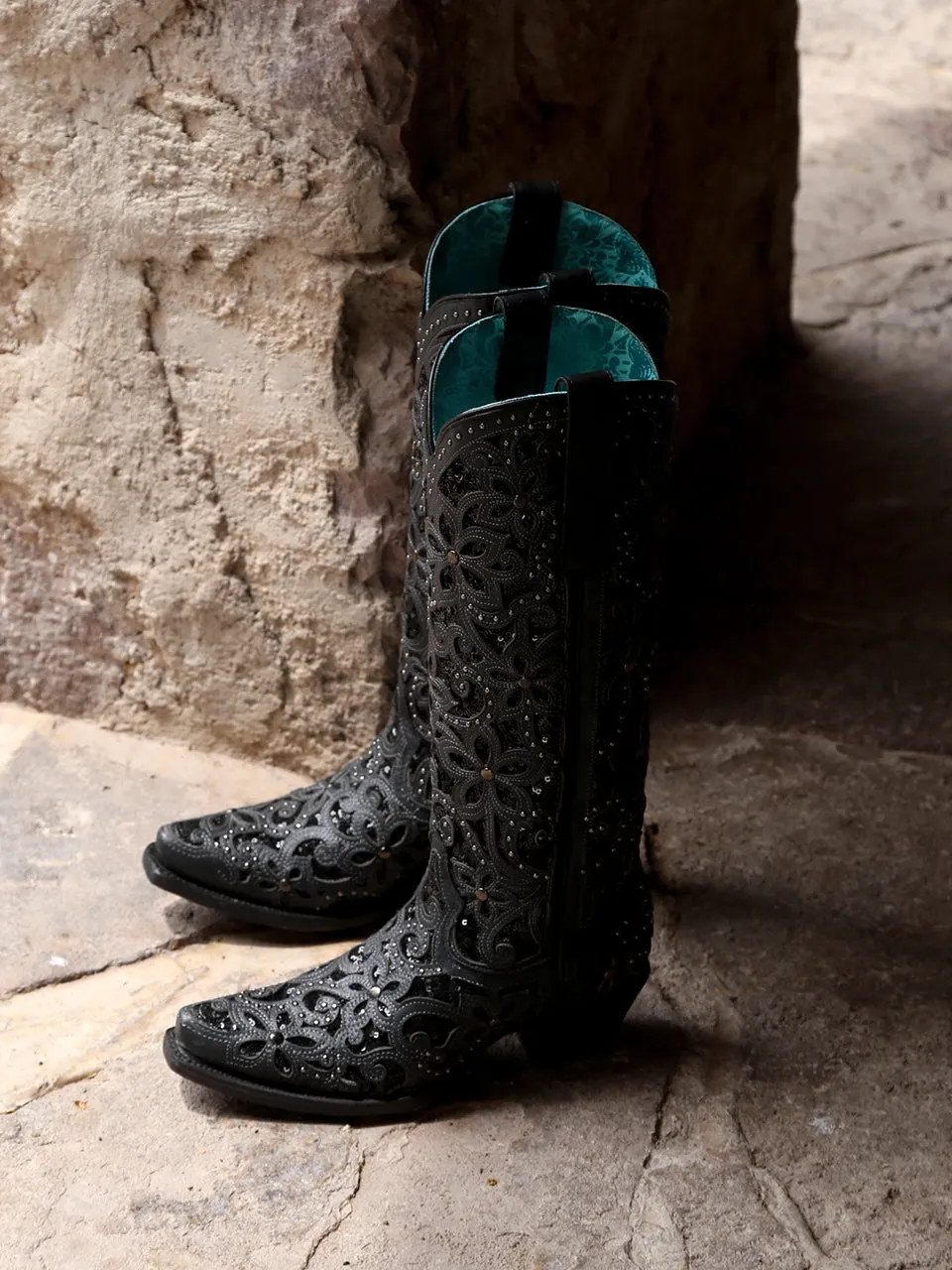 A3589 - WOMEN'S BLACK GLITTER INLAY FLORAL OVERLAY WITH CRYSTALS AND STUDS SNIP TOE TALL TOP BLACK COWBOY BOOT