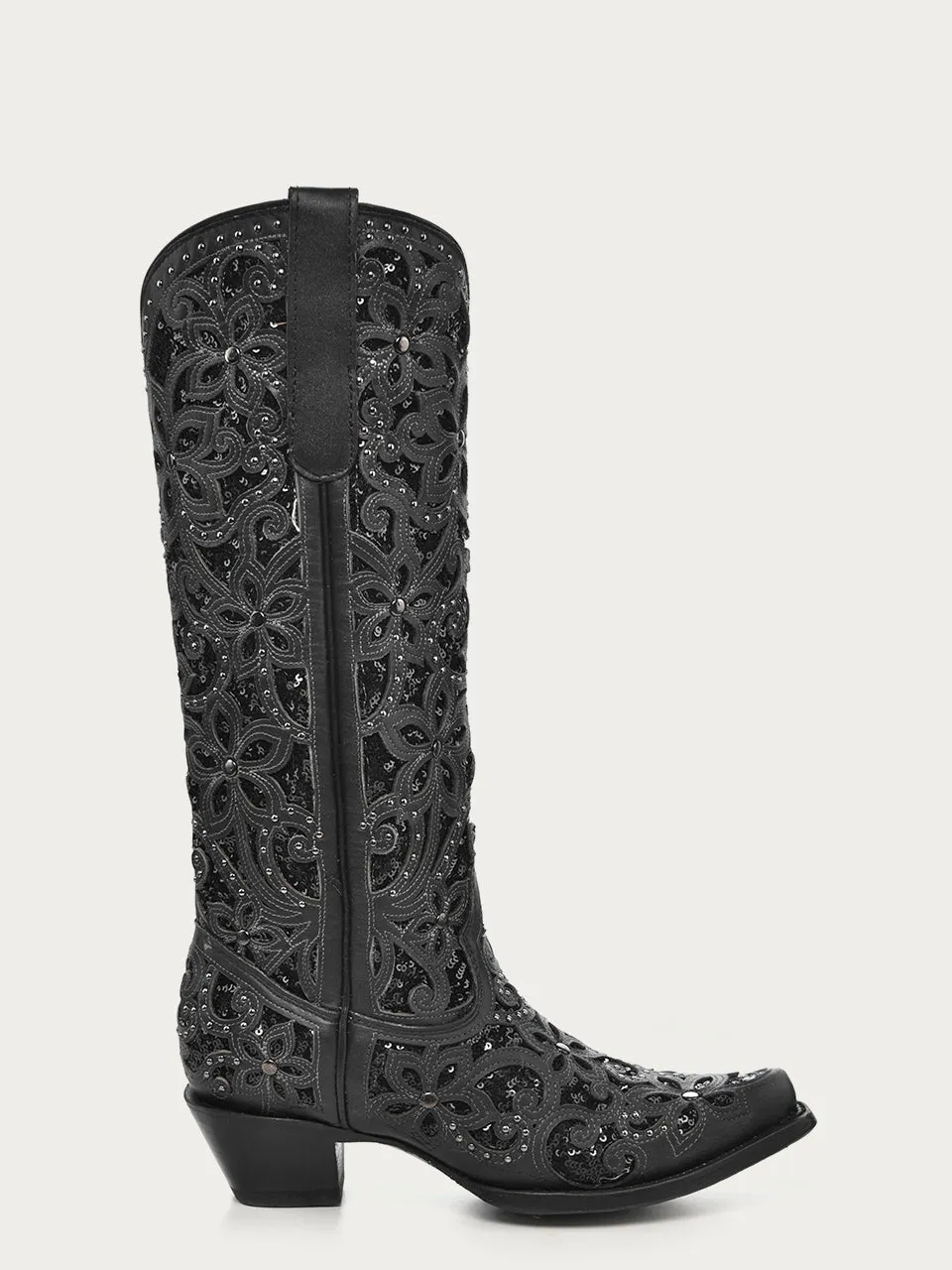 A3589 - WOMEN'S BLACK GLITTER INLAY FLORAL OVERLAY WITH CRYSTALS AND STUDS SNIP TOE TALL TOP BLACK COWBOY BOOT