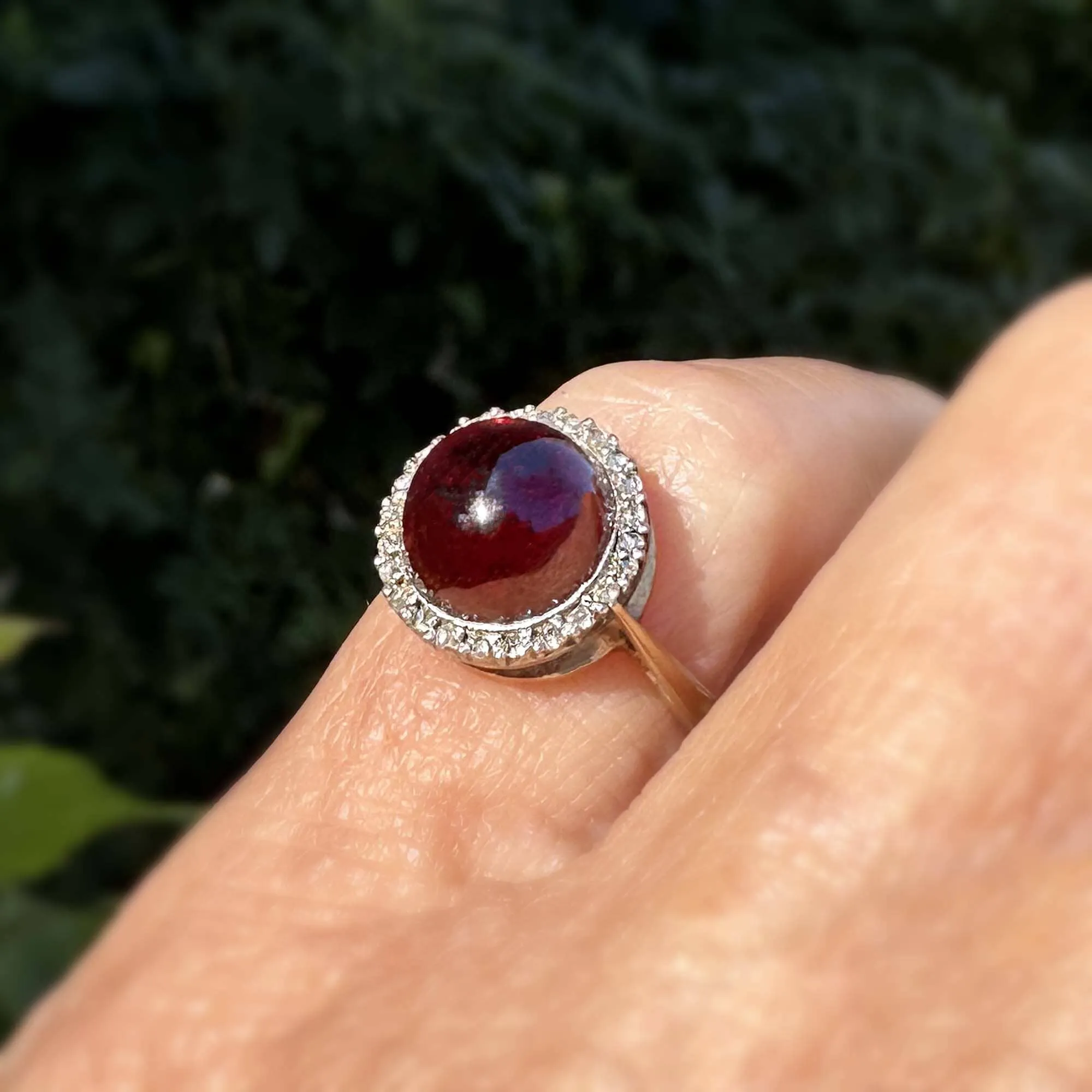 Antique Rose Cut Diamond Halo Garnet Cabochon Ring