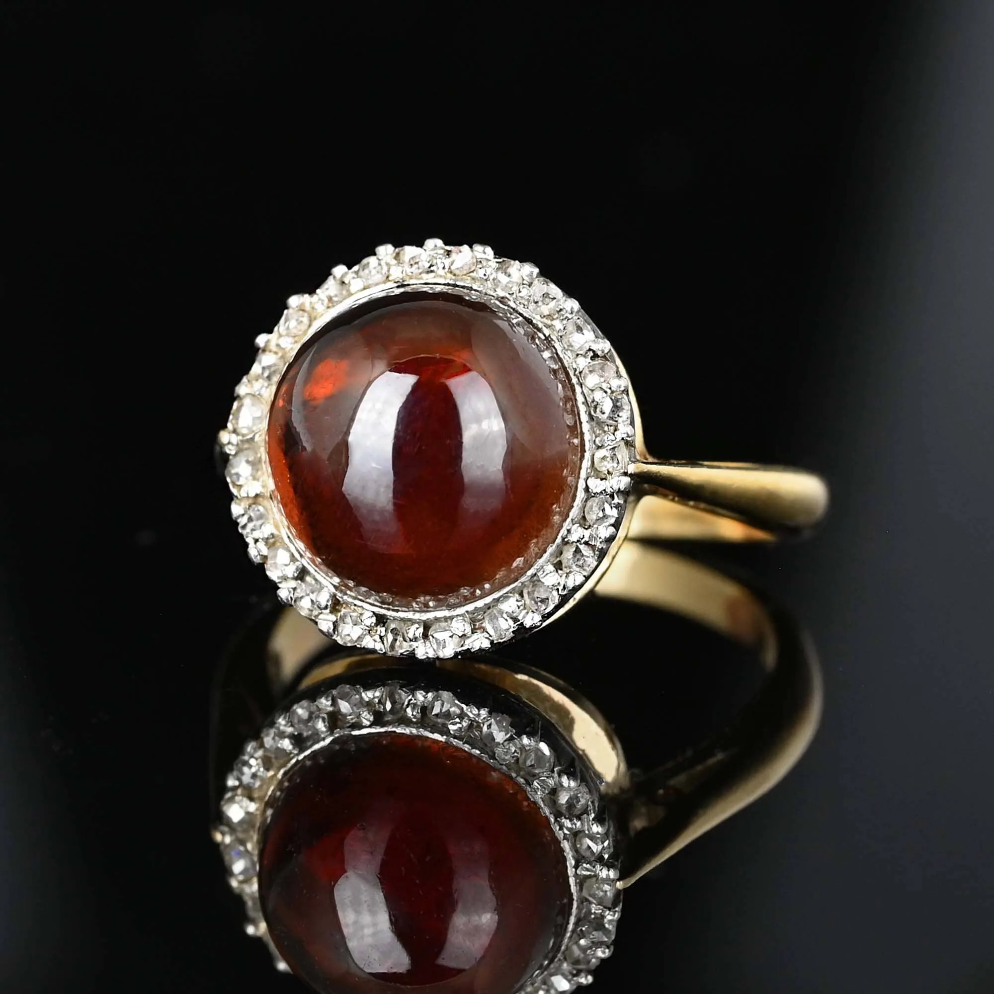 Antique Rose Cut Diamond Halo Garnet Cabochon Ring