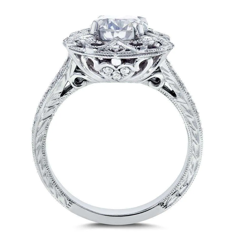 Antique Round Moissanite Engagement Ring with Diamond 1 1/5 CTW 14k White Gold