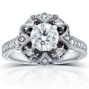 Antique Round Moissanite Engagement Ring with Diamond 1 1/5 CTW 14k White Gold