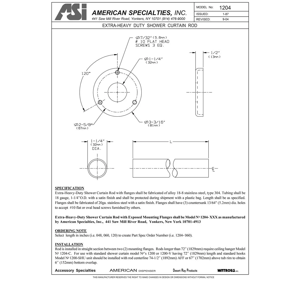 ASI 1204-2-36, 36" Shower Curtain Rod, Rod Only, 1 1/4" Diameter