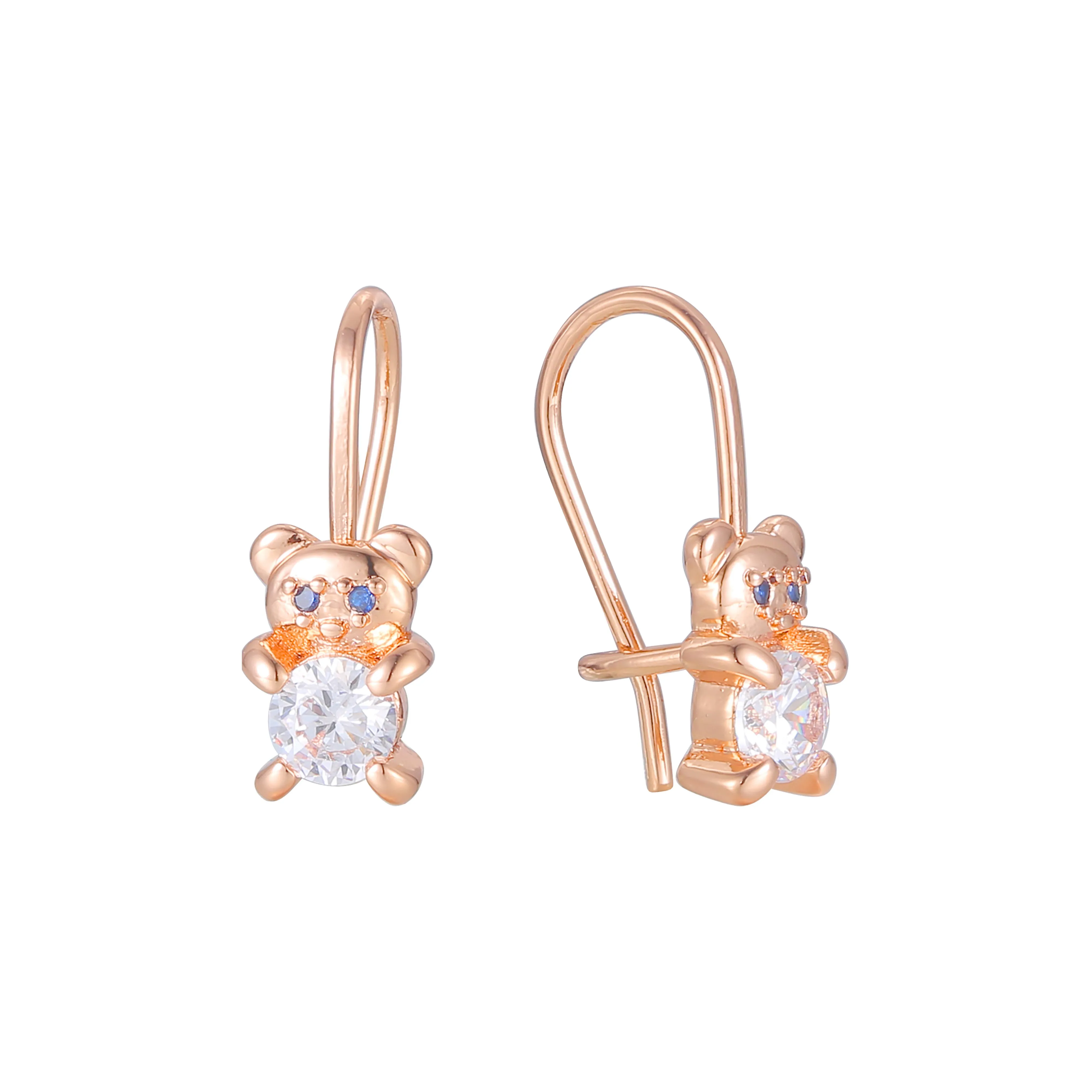 Bear wire hook child earrings in 14K Gold, Rose Gold, two tone plating colors