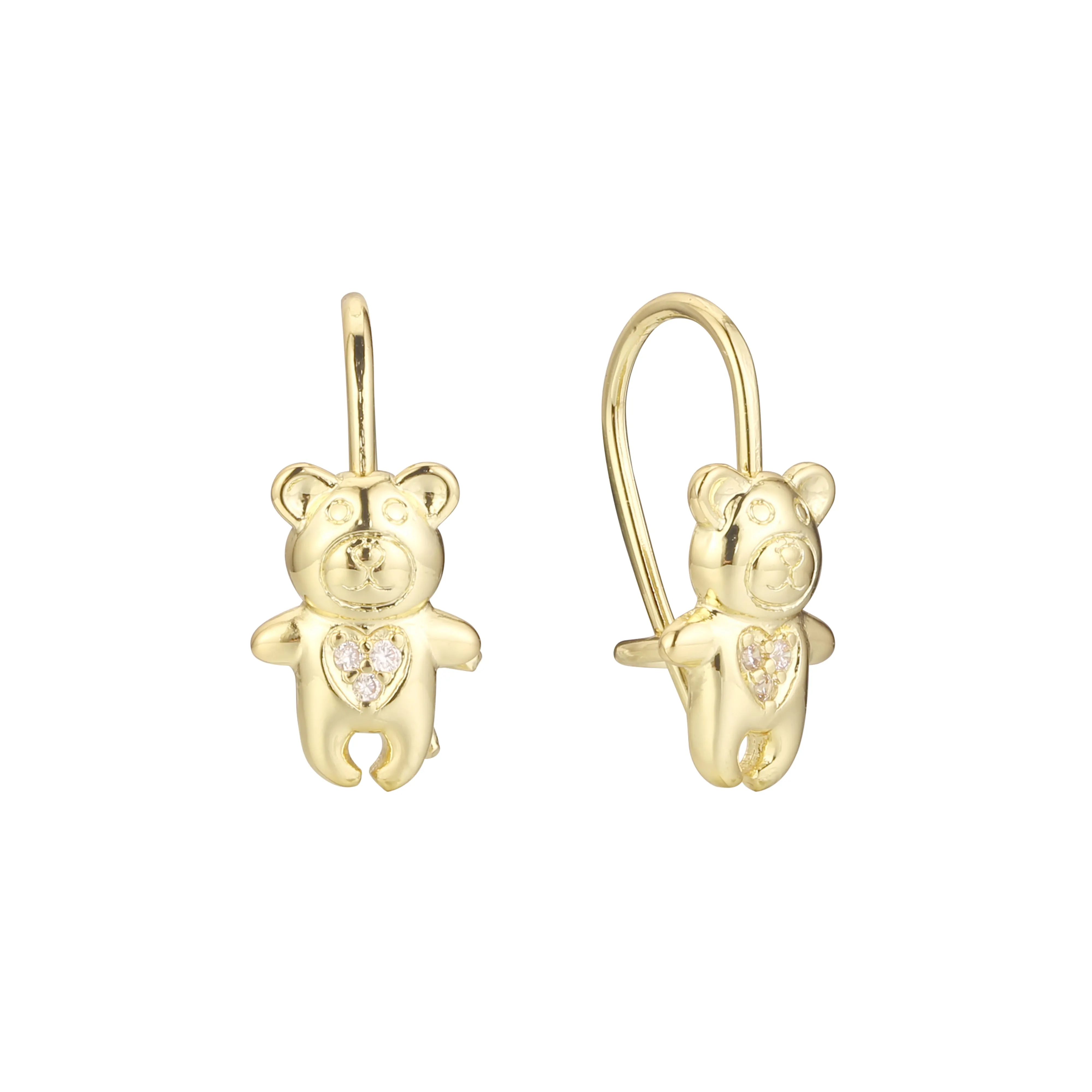 Bear wire hook child earrings in 14K Gold, Rose Gold, two tone plating colors