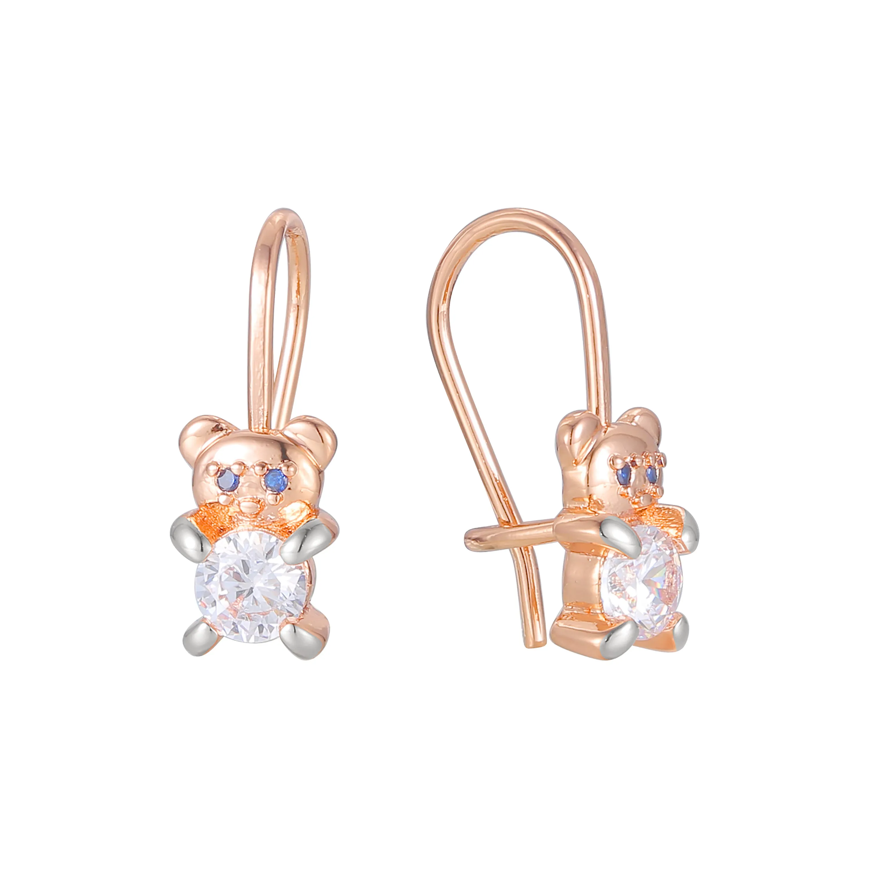 Bear wire hook child earrings in 14K Gold, Rose Gold, two tone plating colors