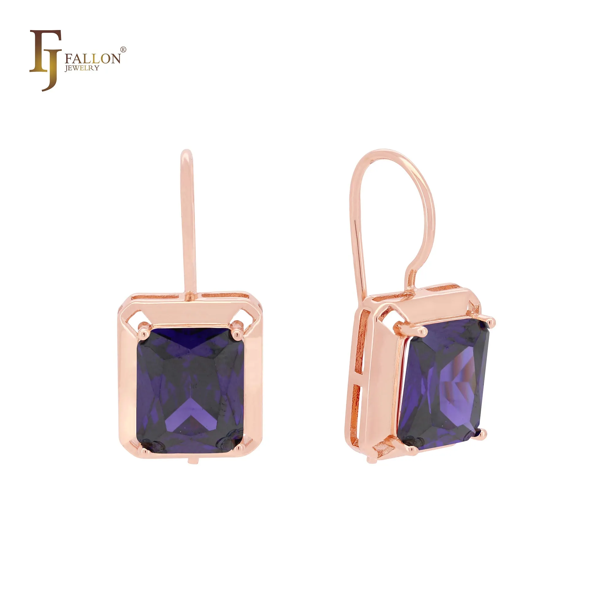 Big red squared CZ solitaire 585 Rose Gold wire hook earrings