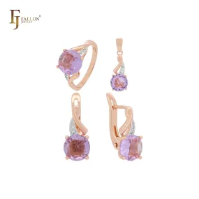 Big Solitaire purple red CZ Rose Gold Whole Jewelry Set with Rings and pendant