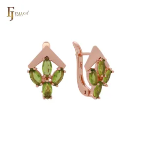 Blooming Olive Green cluster CZs Rose Gold Clip-On Earrings