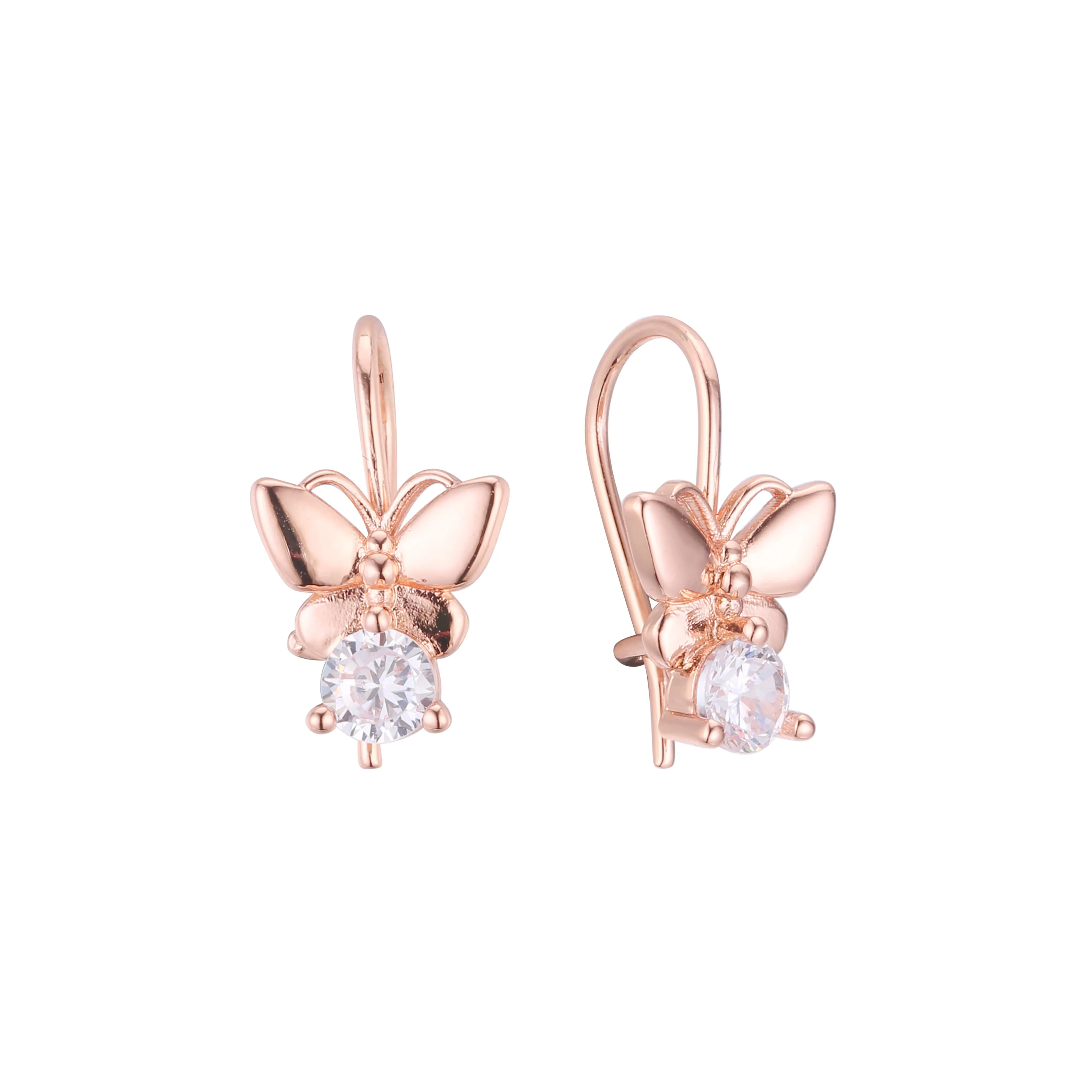 Butterfly solitaire wire hook child earrings in 14K Gold, Rose Gold plating colors