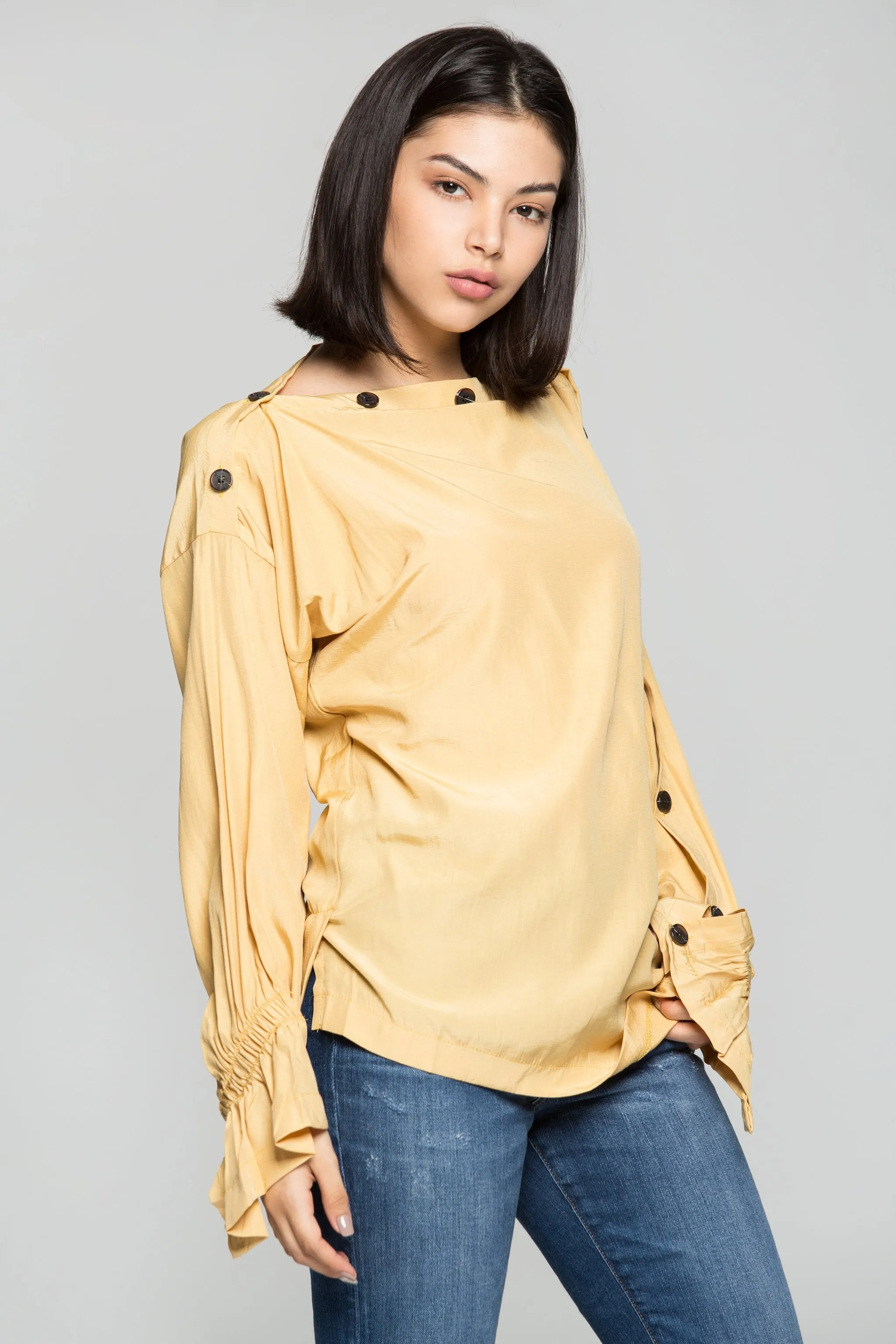 Butterscotch Bataeu Neck Black Buttons Full Sleeves Top