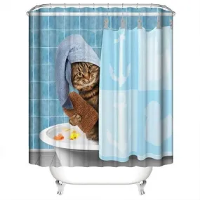 Cute Shower Curtain Funny Cat Print Shower Curtains Blue 12 Hooks Waterproof Fabric Mildew Resistant