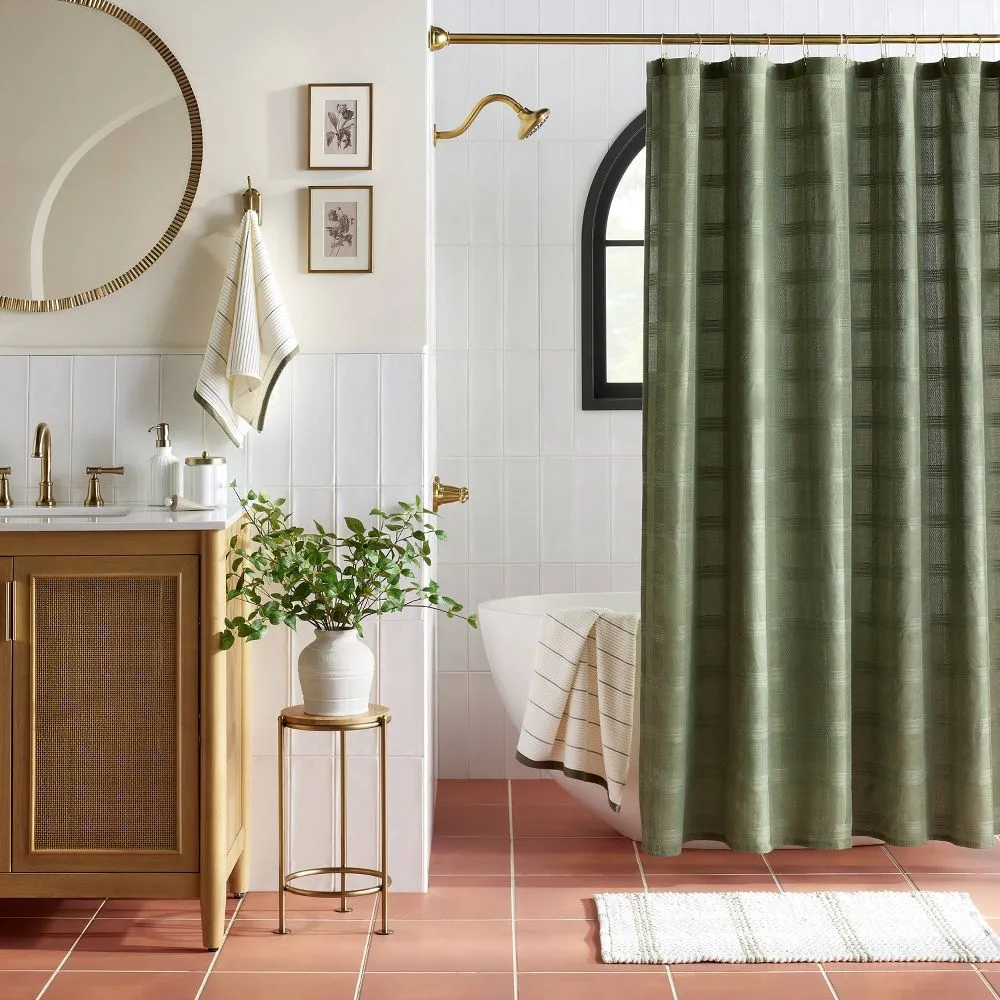 New - Washed Square Shower Curtain Green - Hearth & Hand with Magnolia