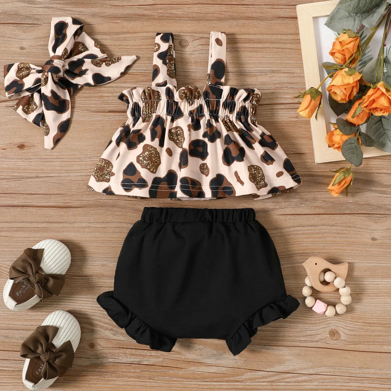 PP-3pcs Baby Girl Leopard Sleeveless Top and Bowknot Shorts with Headband Set PP500