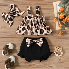 PP-3pcs Baby Girl Leopard Sleeveless Top and Bowknot Shorts with Headband Set PP500