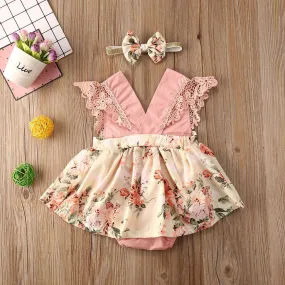 PP-Dress for Baby Girl Dress Set 2Pcs Baby Romper and Headband Lace Short Sleeve PP69