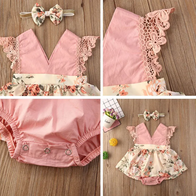 PP-Dress for Baby Girl Dress Set 2Pcs Baby Romper and Headband Lace Short Sleeve PP69