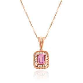 ROSE GOLD NECKLACE PENDANT WITH EMERALD CUT PINK SAPPHIRE CENTER AND DIAMOND HALO, .13 CT TW