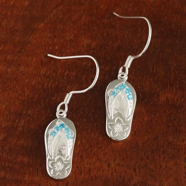 Sterling Silver Blue CZ Strap Hawaiian Scroll Slipper Hook Earrings