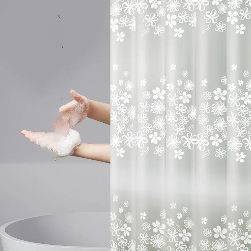 White Floral Printed Waterproof Shower Curtain, HG0075