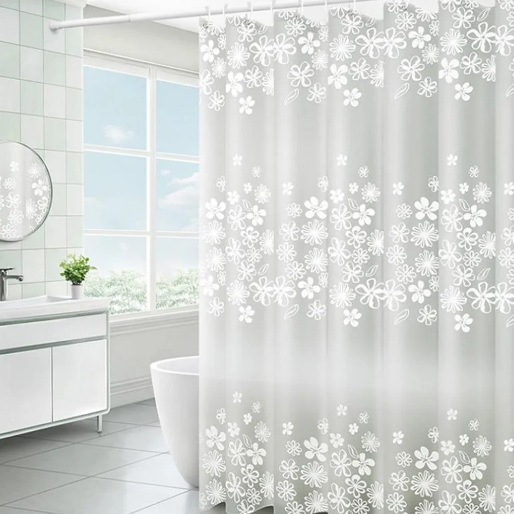 White Floral Printed Waterproof Shower Curtain, HG0075