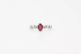 White Gold Oval Ruby and Diamond Ring with Milgrain Band